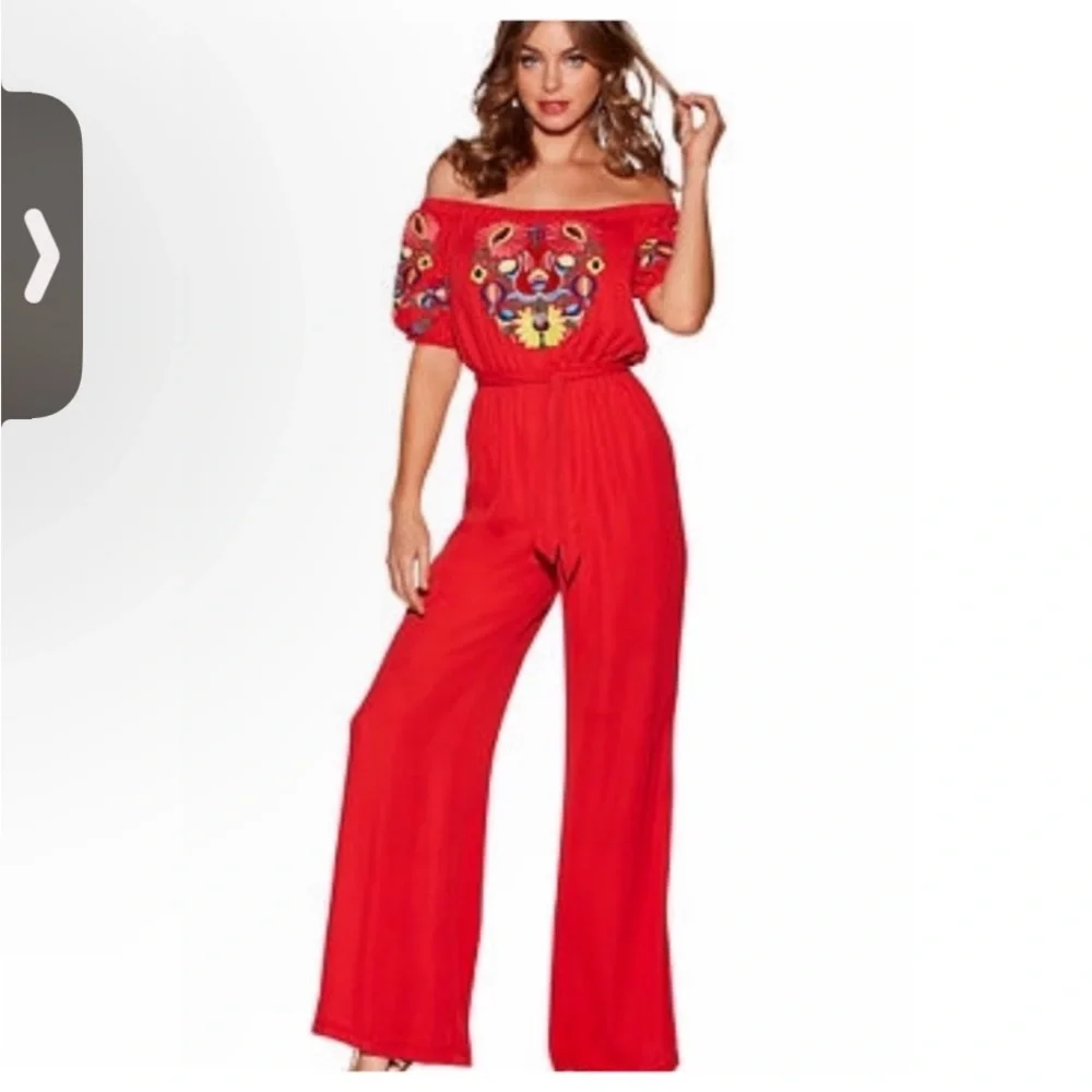 BOSTON PROPER VA VA BY JOY HAN Red Boho Floral Off The Shoulder
Jumpsuit - Picture 2 of 6